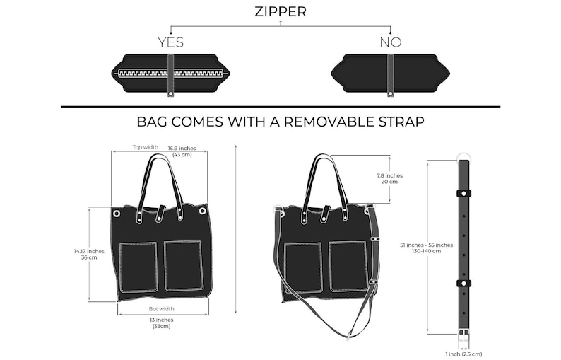 May include: A black tote bag with two pockets on the front. The bag has a zipper closure and comes with a removable strap. The bag measures 14.77 inches tall by 16.9 inches wide. The strap measures 51 to 55 inches long.