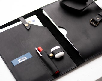 Black Leather MacBook Sleeve: Laptop Case with Pockets