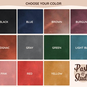 May include: A color chart with 12 different color swatches. The colors are: black, blue, brown, burgundy, cognac, gray, green, light blue, pink, red, yellow. The chart is labeled "Choose Your Color".