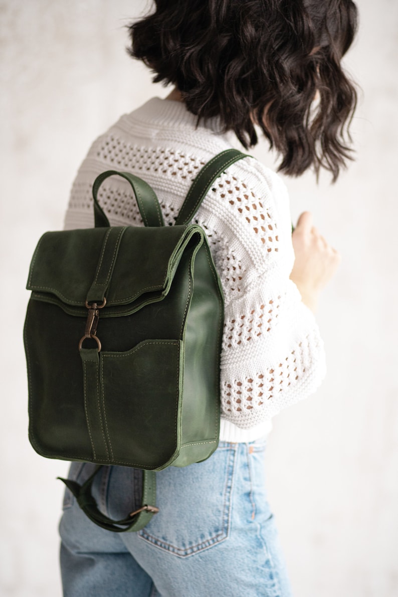 Small leather green college backpack women 3 SIZES,Leather backpack women,Small leather rucksack,Small leather bag women,College backpack image 3