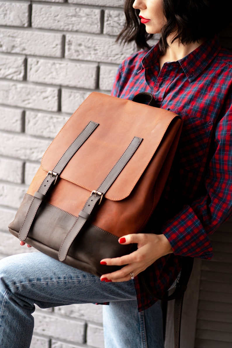 Leren damesrugzak in 2 kleuren en laptopgedeelte, Cognac rugzak, Laptoprugzak, Leren rugzakken voor dames, Werktas, Stadsrugzak afbeelding 1