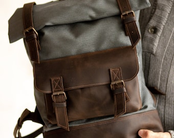 Leather+Cotton backpack purse,Laptop backpack,Travel backpack,Leather backpack,Rolltop backpack purse,Canvas backpack,Waxed canvas backpack