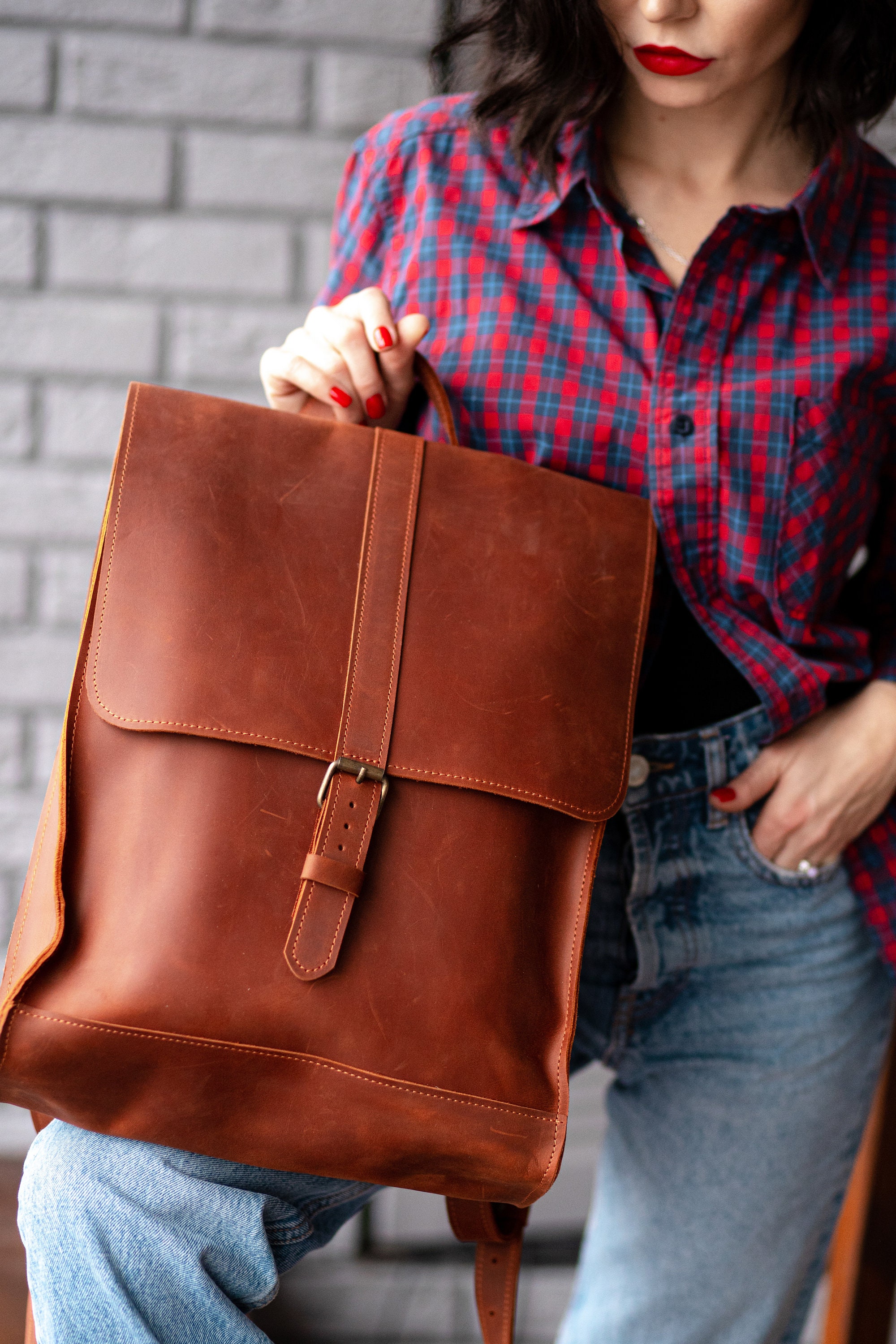 Cognac leather work backpack for womenBackpack womenLeather Etsy