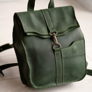 Small leather green college backpack women 3 SIZES,Leather backpack women,Small leather rucksack,Small leather bag women,College backpack image 6