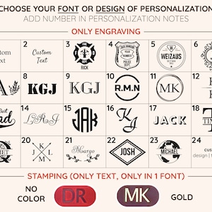 May include: A chart with 24 different font and design options for personalization. The options include text, initials, and logos. The chart is labeled "Only Engraving" and "Stamping (Only Text, Only in 1 Font)".