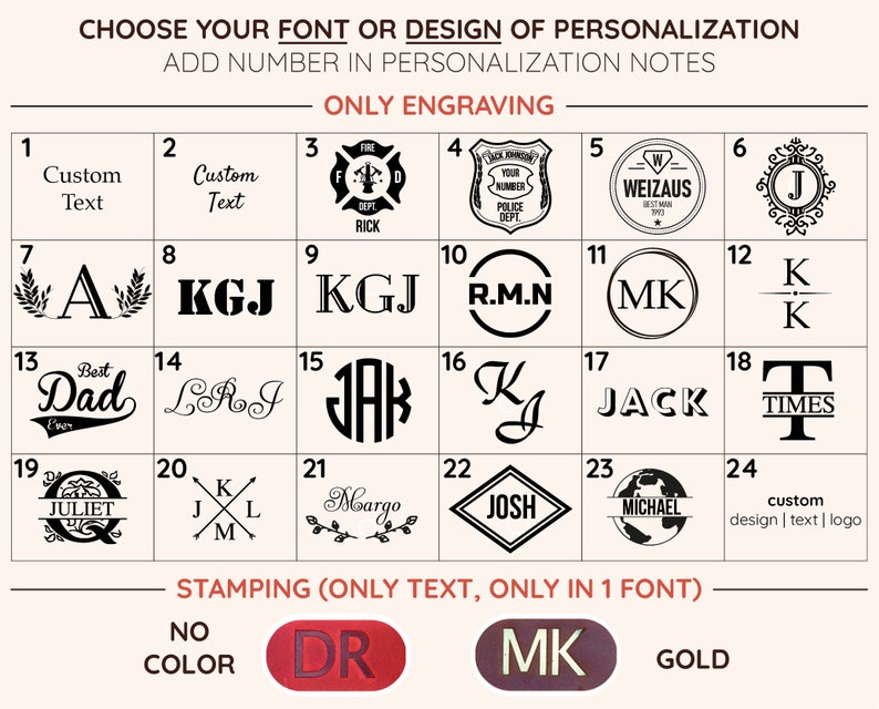 May include: A chart with 24 different font and design options for personalization. The options include text, initials, and logos. The chart is labeled "Only Engraving" and "Stamping (Only Text, Only in 1 Font)".