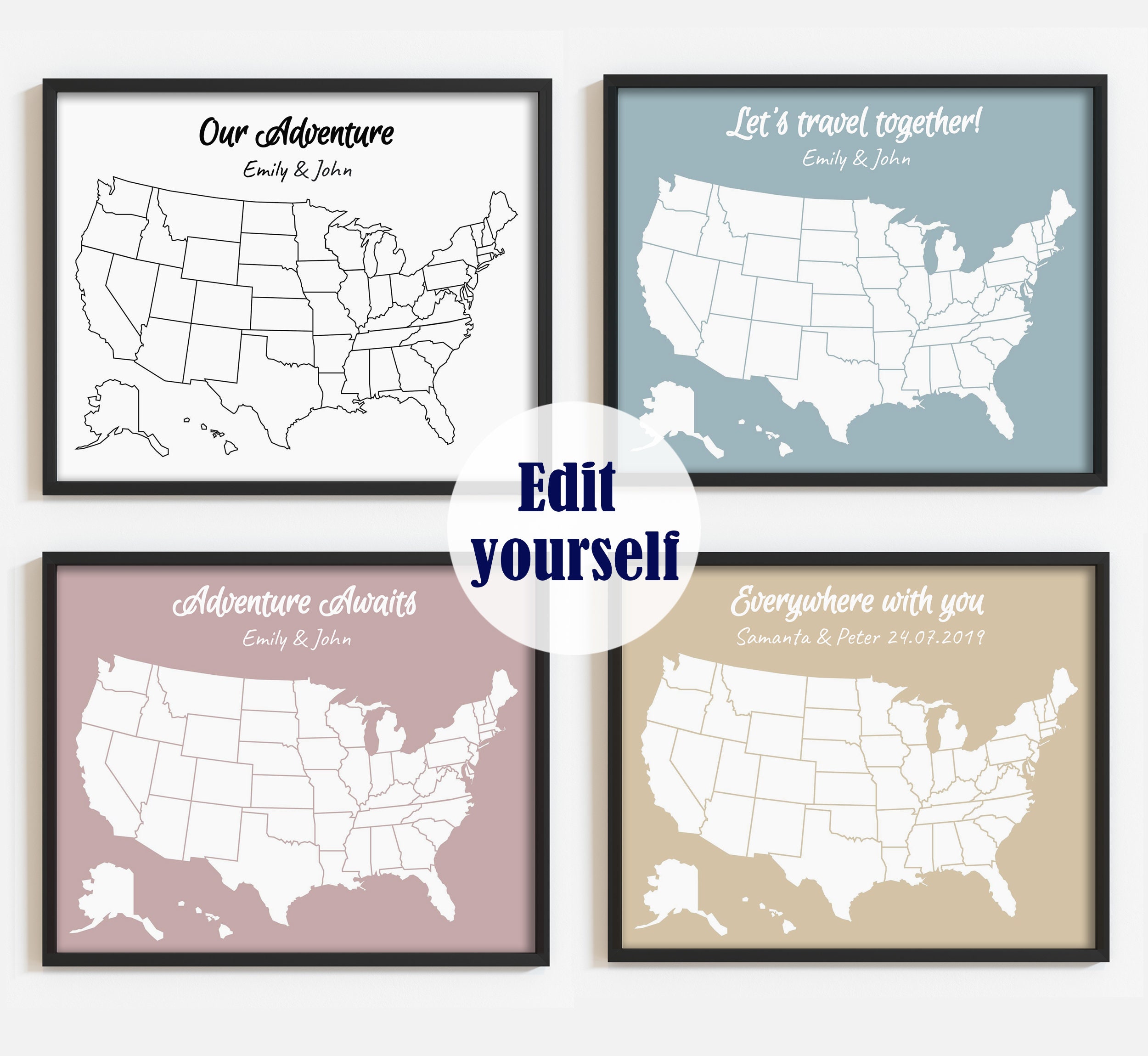 USA Travel Map For Couples Printable United States Map Custom | Etsy