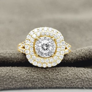 Anello di fidanzamento con marchio 14K, anello con diamante Halo, vero diamante rotondo brillante - diamanti solitari - anello con dichiarazione in stile vintage