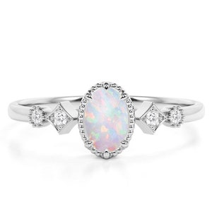 Solid 14k Natural Opal Pave Diamond Ring / Unique Vintage Opal Bridal Anniversary Ring / Opal Milgrain Wedding Ring By SNJ Jewels