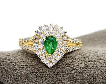 Pear Emerald Halo Ring, Diamond Gold Wedding Ring