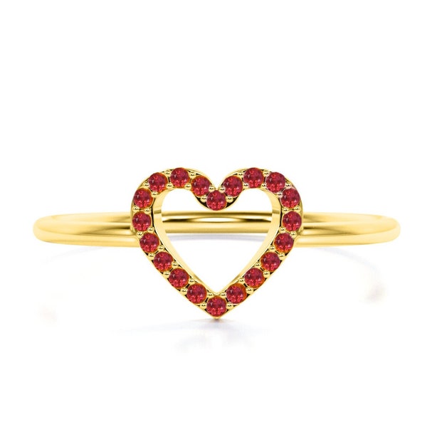 14k Heart Ruby Ring, Minimalist Heart Ruby Ring, Yellow  Gold Ring, Natural Round Ruby Women Ring, Stackable Gold Ring, Ring for Gift