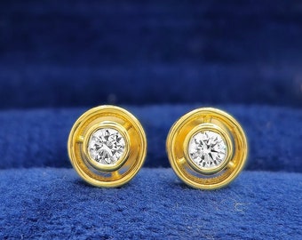 14K Yellow Gold Diamond Stud Earrings, Bezel Set, Fine Jewelry