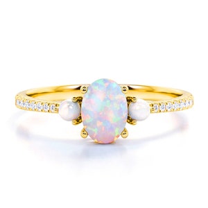 Vintage Opal Engagement Ring: 14k White Gold, Pearl & Diamond Halo
