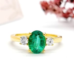 Emerald diamond engagement ring, 1 carat oval cut natural double halo green emerald and diamond ring, Halo engagement ring