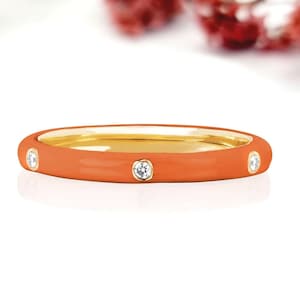6 Diamond Colorful Enamel Stacking Ring 14k Solid Gold for Women and Girls / Orange Enamel Ring in 14K Gold ,  Enamel Eternity Band