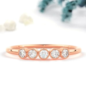 Dainty Diamond Wedding Band / Bezel Set Diamond Wedding Ring / 5 Pcs  Diamond Ring / Semi Eternity Stack Ring 14K Hallmarked By SNJ