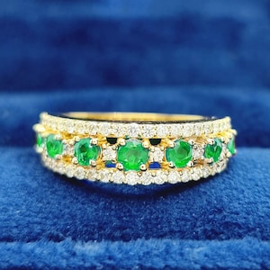 Natural Emerald Band ,Half Eternity Bands , Natural Emerald & Diamond Engagement Bands ,18K Gold Bands, Triple Row Ring For Her