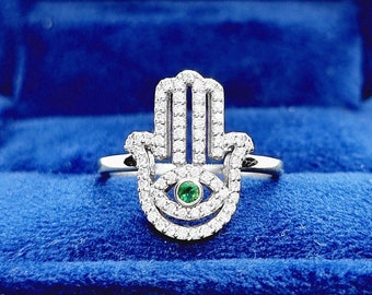 14k Gold Hamsa Hand Ring: Diamond & Emerald Evil Eye Ring
