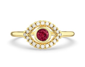 14k Gold Rubin Evil Eye Ring mit Hal Diamondo