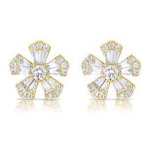 Baguette Diamond Earrings / 14k - 18k Gold Studs / Flower Shape Tapered Baguette Diamond Stud Earrings / VVS Diamond Earrings