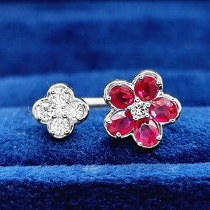 Clover Ruby Ring , Natural Diamond & Ruby Cuff Ring , Cluster Diamond Clover Ring , Statement Ring , Fine Diamond Jewelry , Valentine Gifts
