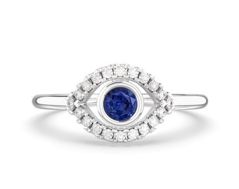 14k Gold Diamond Evil Eye Ring: Sapphire Good Luck Ring