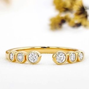 14k Gold and Genuine Diamond Open Bezel Set Ring with High Quality Graduated Size Diamonds for Women , Statement Ring For Her