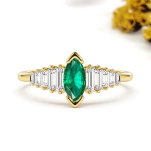 Vintage Marquise Cut Emerald Engagement Ring, May Birthstone Promise Ring for Her, Halo engagement ring , Gemstone Jewelry Gift for Her