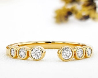 14k Gold Diamond Open Cuff Ring: Bezel Set Statement Ring