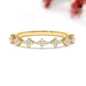 Diamond Ring, 14k Gold Wedding Band with Dainty Multi Round Cut Diamonds, Gold Promise Ring Gift for Women, Stackable Ring