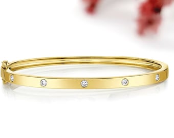 Diamond Bangle Bracelet / Solid 14K Yellow Gold Oval Bangle / Natural Diamond Bangle / Flush Set 6 Diamond Bracelet / 5.5 MM Wide