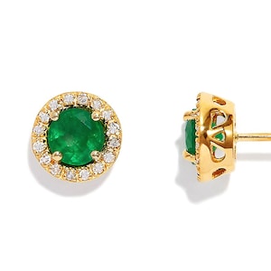 Natural Emerald Earrings , Diamond-Emerald Earring Studs , Flawless Diamond Studs , Emerald Jewelry , 14K Hallmarked