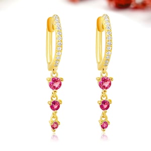 Burma Ruby Hoop Earring / 14k Solid Gold Medium Diamond Huggies Earrings / Natural Diamond Earrings /  Cyber Monday Sale
