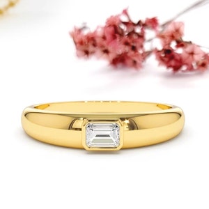 14k Gold Emerald Cut Diamond Ring: Bezel Solitaire Pinky Ring