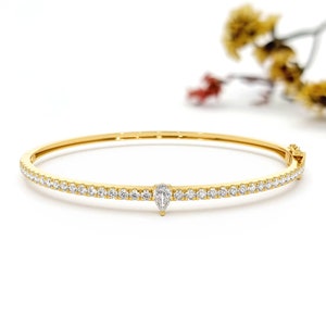 Gold Diamond Stacking Bracelet, Pear Shape Diamond Bracelet, 14K Diamond and Gold Bangle Bracelet, Round Pave Diamond Bracelet Bangle