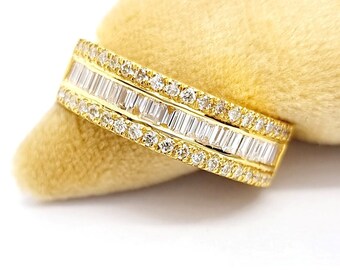 Baguette Diamond Anniversary Ring 14k Gold Half Eternity Baguette and Round Brilliant Micro Pave Cocktail Ring/ Diamond Wedding Band