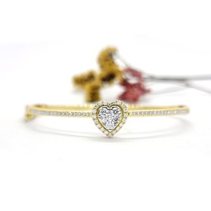 Diamond Heart Bangle Bracelet/ 14K Gold Love Heart Bracelet/ Certified Natural Diamond Cluster Bracelet/ Gift For lover