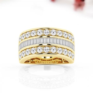 Baguette Diamond Anniversary Ring 14k Gold Half Eternity Baguette and Round Brilliant Micro Pave Cocktail Ring/ Diamond Wedding Band