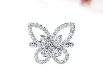 14K Weißgold Schmetterling Diamant Ring: Natürlicher Diamant im Rundschliff