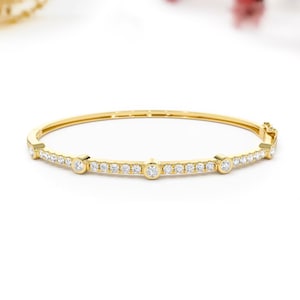 14K Solid Gold Bangle Bracelet For Women, Round Diamond Bracelet Bangle, Gold Hinge Bracelet, Natural VVS Diamond Jewelry