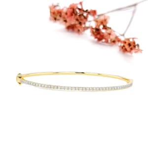 Diamond Bracelet, Hinged Bangle with Simple Line of Diamonds, 14k Yellow White Rose Solid Gold, SNJ Jewelry