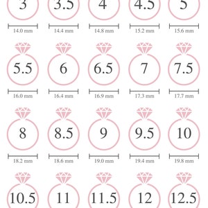 May include: A chart showing ring sizes from 3 to 12.5, with corresponding measurements in millimeters. Each ring size is represented by a pink circle with a diamond icon and the size number inside.