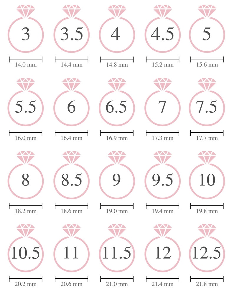 May include: A chart showing ring sizes from 3 to 12.5, with corresponding measurements in millimeters. Each ring size is represented by a pink circle with a diamond icon and the size number inside.