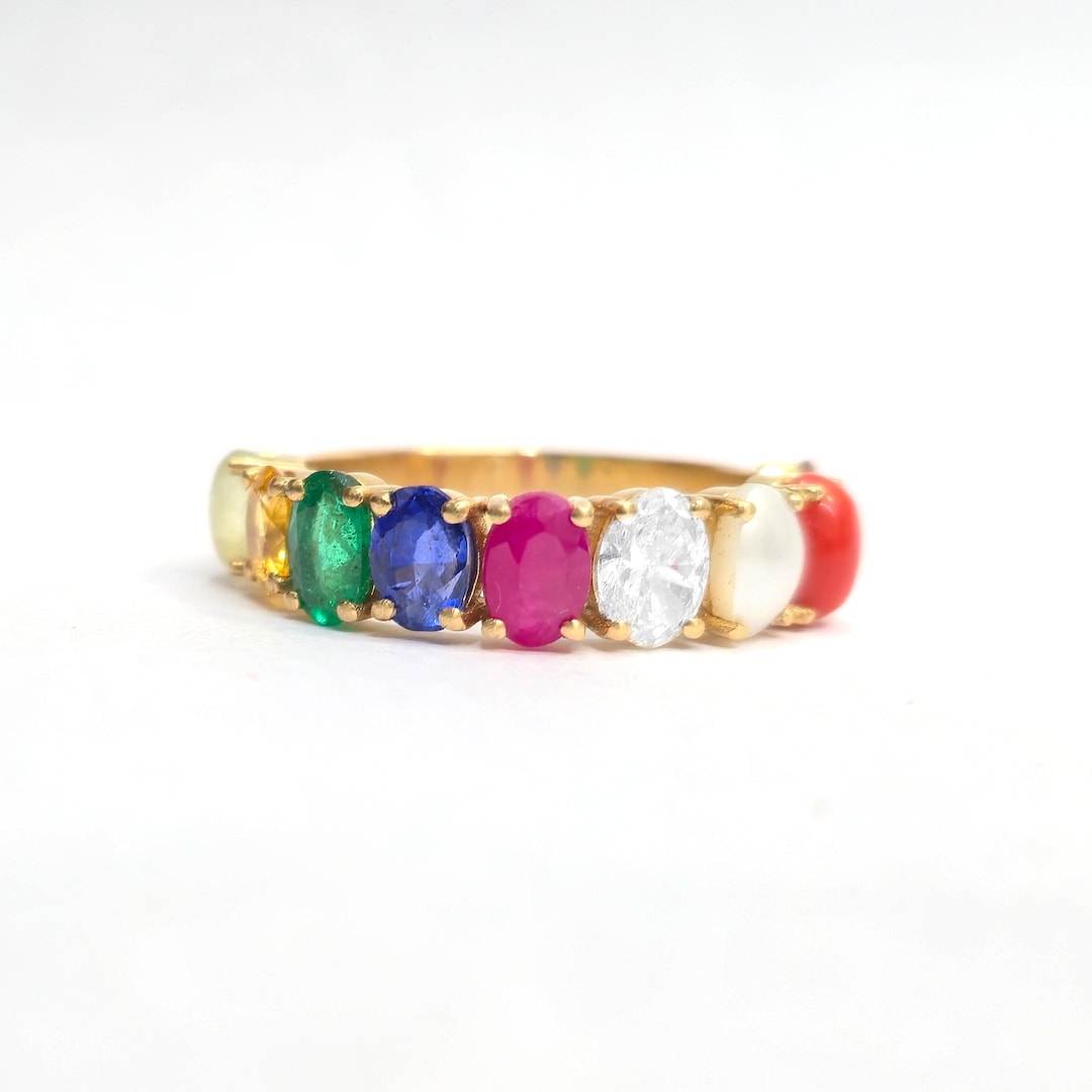 Navratan Rings 14k Gold Navratan Ring, Multicolor Oval Gemstone Band, Nine-stone Ring ...