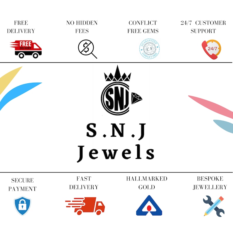 May include: A logo for S.N.J Jewels, a jewelry store, with a crown and diamond. The logo is surrounded by a colorful background with text describing the store's services, including free delivery, no hidden fees, conflict-free gems, 24/7 customer support, secure payment, fast delivery, hallmarked gold, and bespoke jewelry.