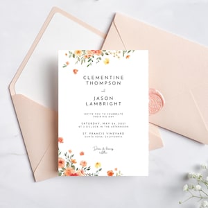 Peach Floral Wedding Invitation Suite | Coral Flower Invitation | Editable Template Invitation | Pink Wedding Invitation | Elegant Wedding