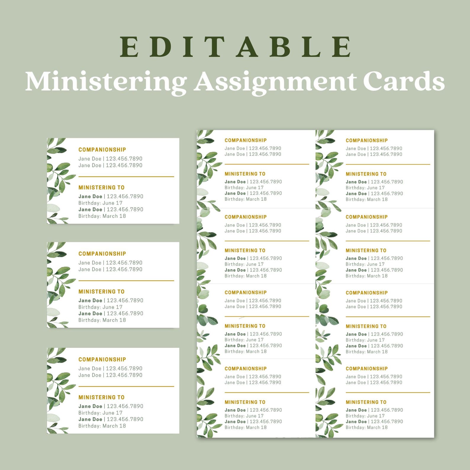 Relief Society Ministering Assignment Printable Card | Editable | Canva Template | LDS ...