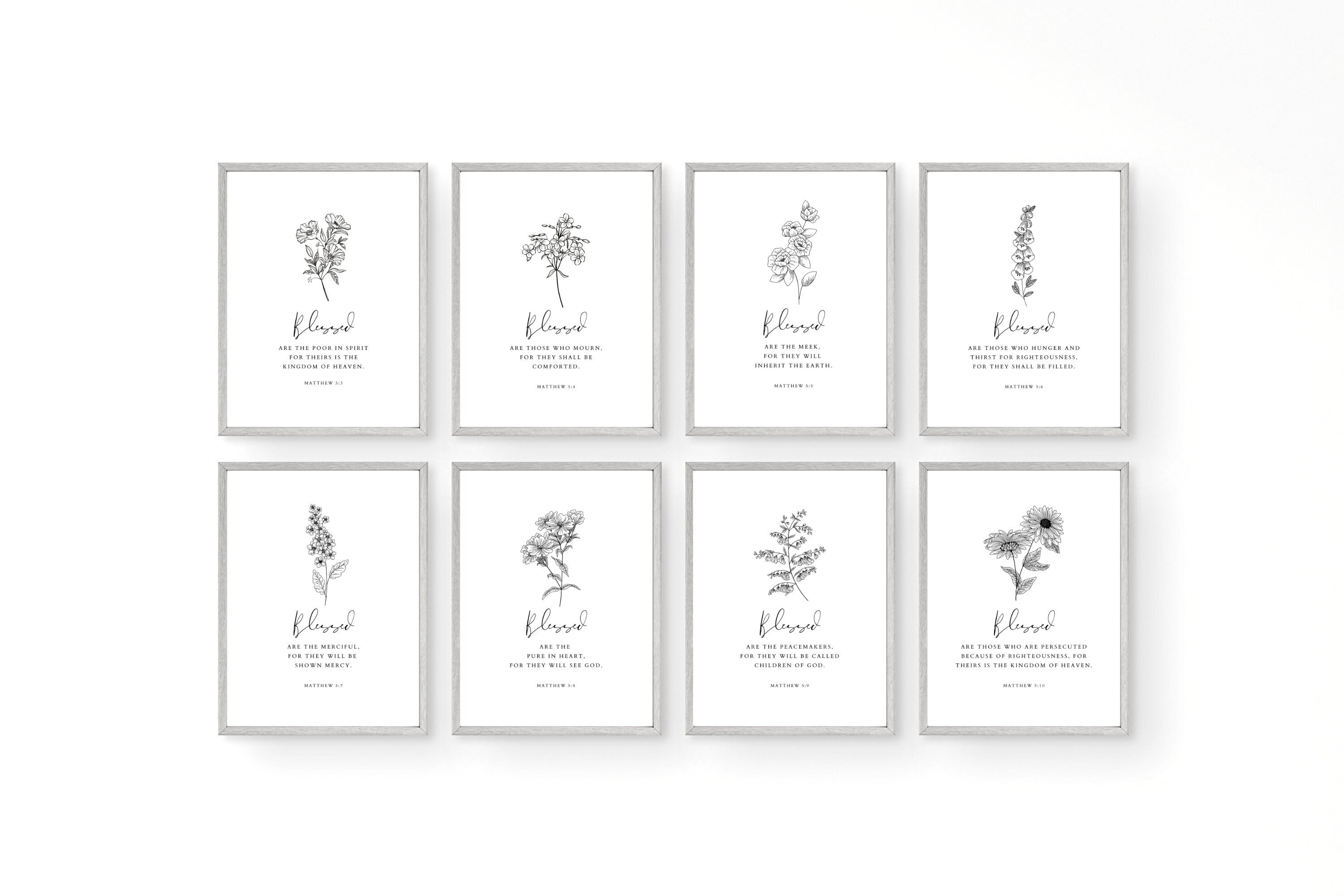 Matthew 5:3-10 | The Beatitudes bundle | Set of 8 bible verse printable wall art | modern scripture floral bible verse wall art | LDS Art
