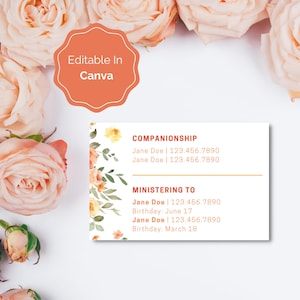Tarjeta imprimible con la tarea de ministración de la Sociedad de Socorro / Editable / Plantilla de Canva / Compañerismos de ministración SUD / Floral naranja