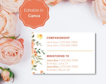 Relief Society Ministering Assignment Printable Card | Editable | Canva Template | LDS Ministering Companionships | Orange Floral